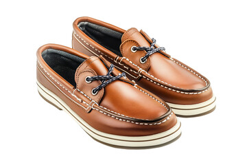 Isolated Pair of Brown Boat Shoes with Blue Laces