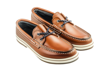 Isolated Pair of Brown Boat Shoes with Blue Laces