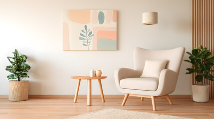 A cozy beige armchair near a white wall with pastel art and small side table, ambient overhead lighting with soft falloff and natural texture 31913431 1