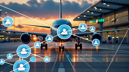 Airplane at Airport with Digital Network Overlay Representing Global Connections - Powered by Adobe
