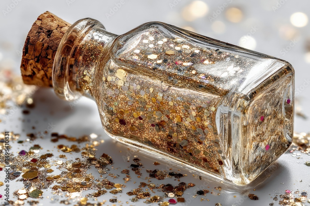 Poster golden glitter bottle with cork and scattered sparkles on a reflective surface during bright lightin