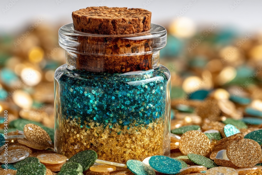 Poster colorful glitter jar with cork lid surrounded by sparkling sequins for arts and crafts activities ca