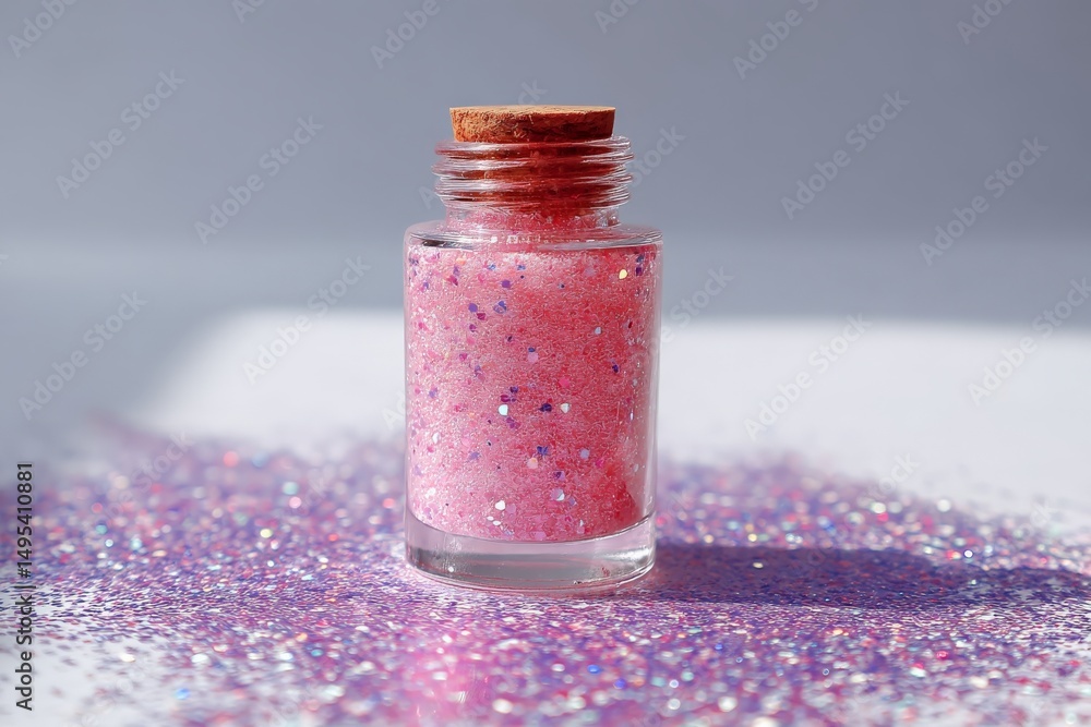 Aufkleber bright pink glitter in a glass bottle with a cork top sits on a surface scattered with colorful spar