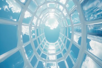 Circular Glass Roof Windows with Blue Sky and Clouds Patterned Perspective View