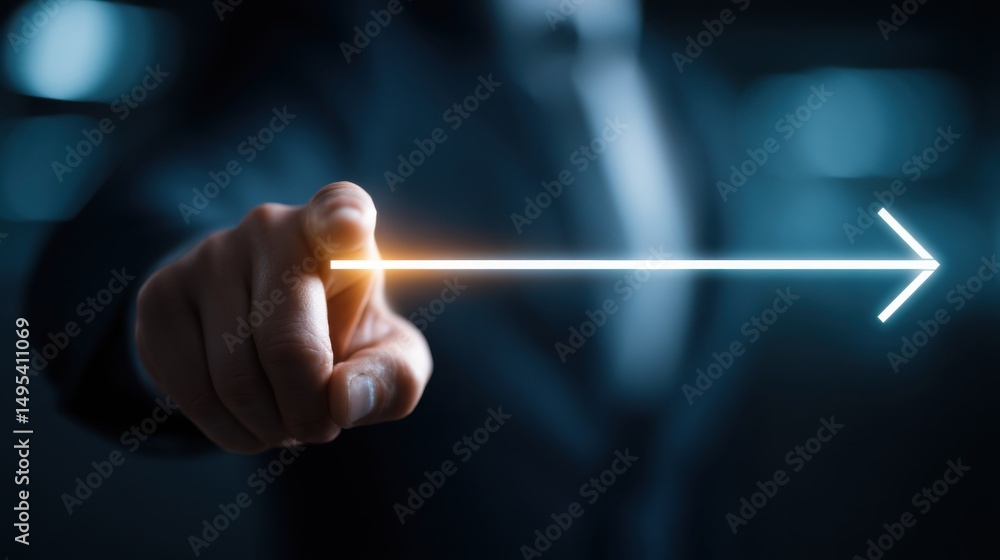 Poster person pointing an arrow towards a directional indicator representing a visual entry-exit overlap pl