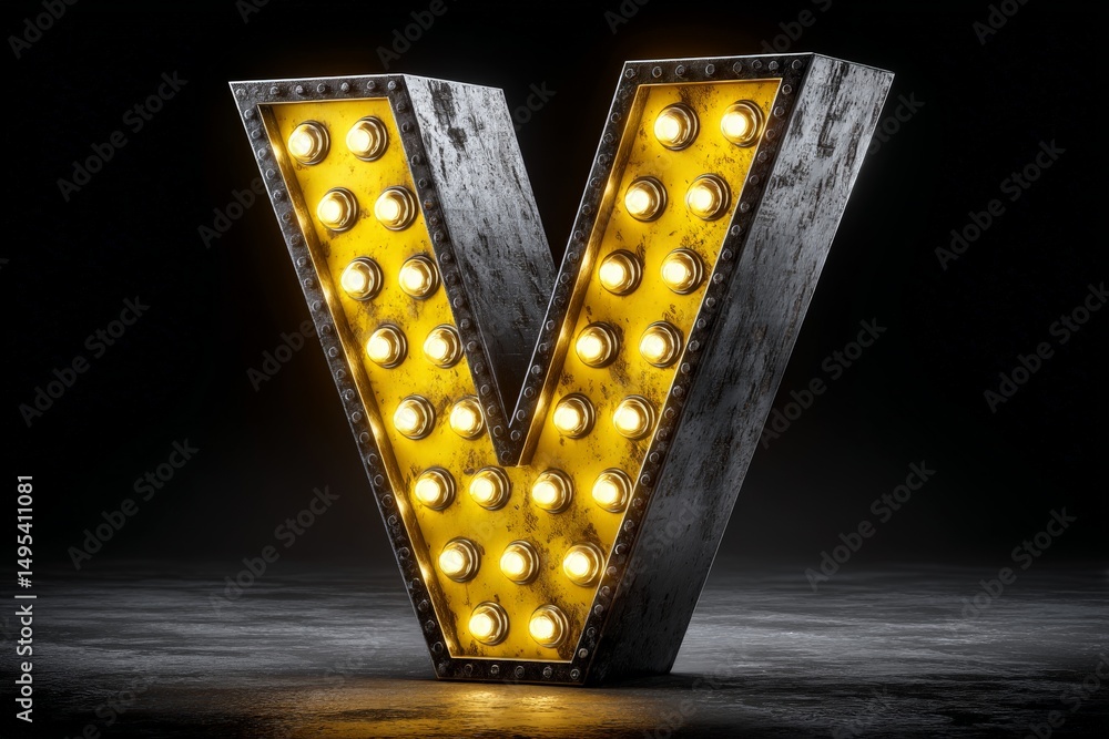Poster large illuminated letter v with vintage bulb design placed against a dark background in a studio set