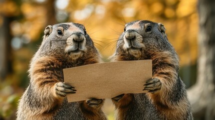 Two prairie dogs hold a blank sign against an autumnal background. Perfect for adding your own message or announcement to an image.