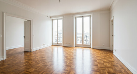 Spacious empty room with parquet flooring and large windows for realty real-estate  
