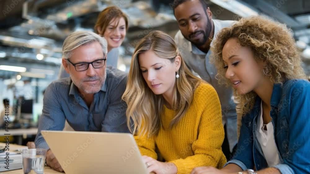 Aufkleber collaboration on computer: a dynamic team of diverse individuals huddle around a laptop computer, en