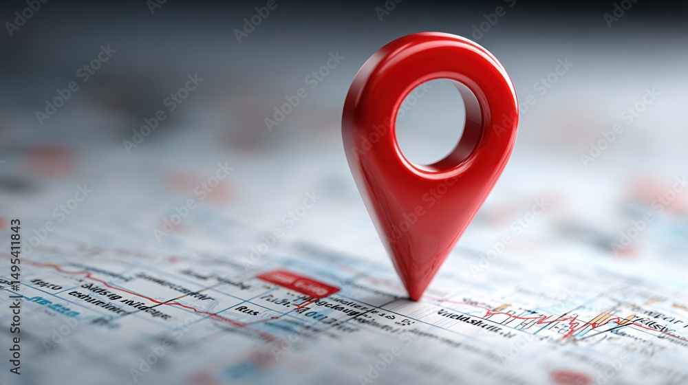 Poster red pin placed on a map indicating location with clear focus on navigation and direction for travel 