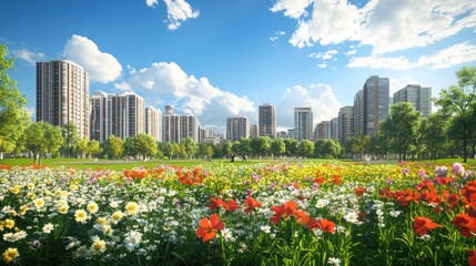 Urban harmony: A vibrant meadow meets a modern cityscape under a serene sky