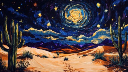 Serene desert landscape under a swirling starry night sky, vibrant color painting