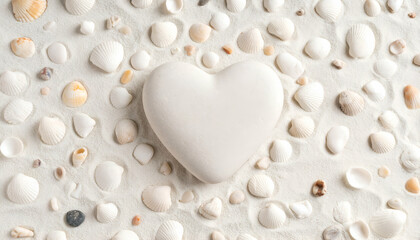 White Heart Shaped Stone on Seashells and Sand A Peaceful Beach Scene