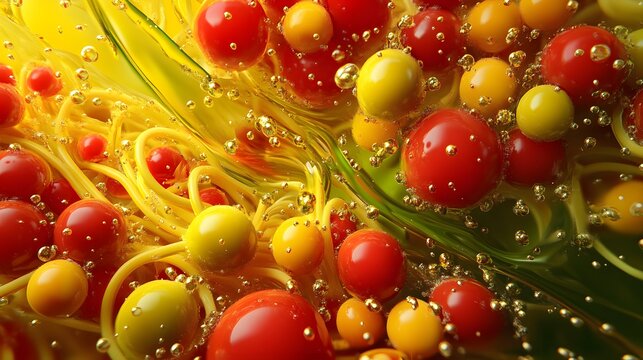 Vibrant food-inspired abstract design with colorful spheres and strands.