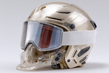 Helmet and goggles designed for tactical use, showcasing advanced materials and protective features