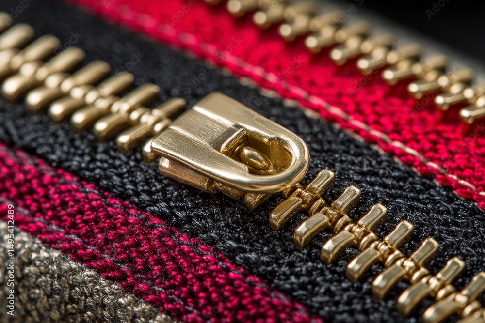 Poster Close-up of a colorful zipper on a textured fabric showcasing intricate details and craftsmanship