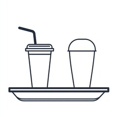 Two Disposable Cups on Tray, Simple Line Art Illustration
