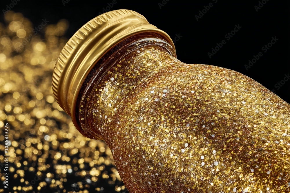Aufkleber Sparkling gold glitter in a jar on a black background with shimmering particles surrounding it