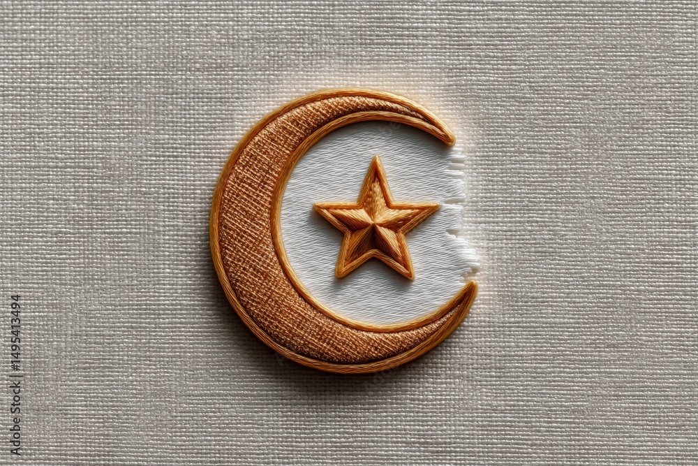 Aufkleber embroidered crescent moon and star design displayed on textured fabric in a close-up view