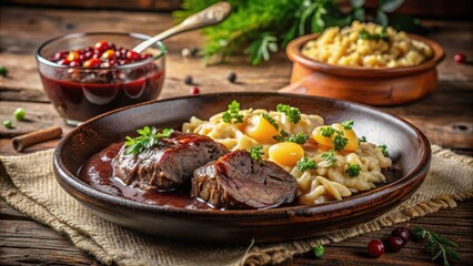 Savory Braised Meat with Creamy Noodles and Berry Sauce, a Rustic Autumnal Meal