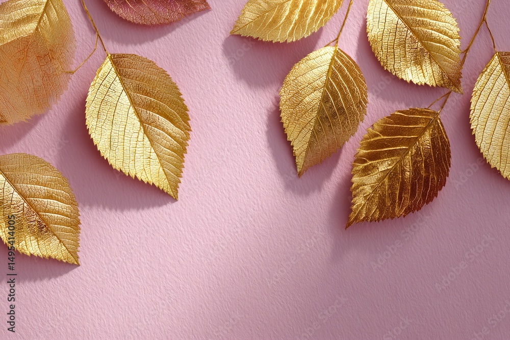 Poster golden leaves arranged on a soft pink background create an elegant decor element for stylish events 