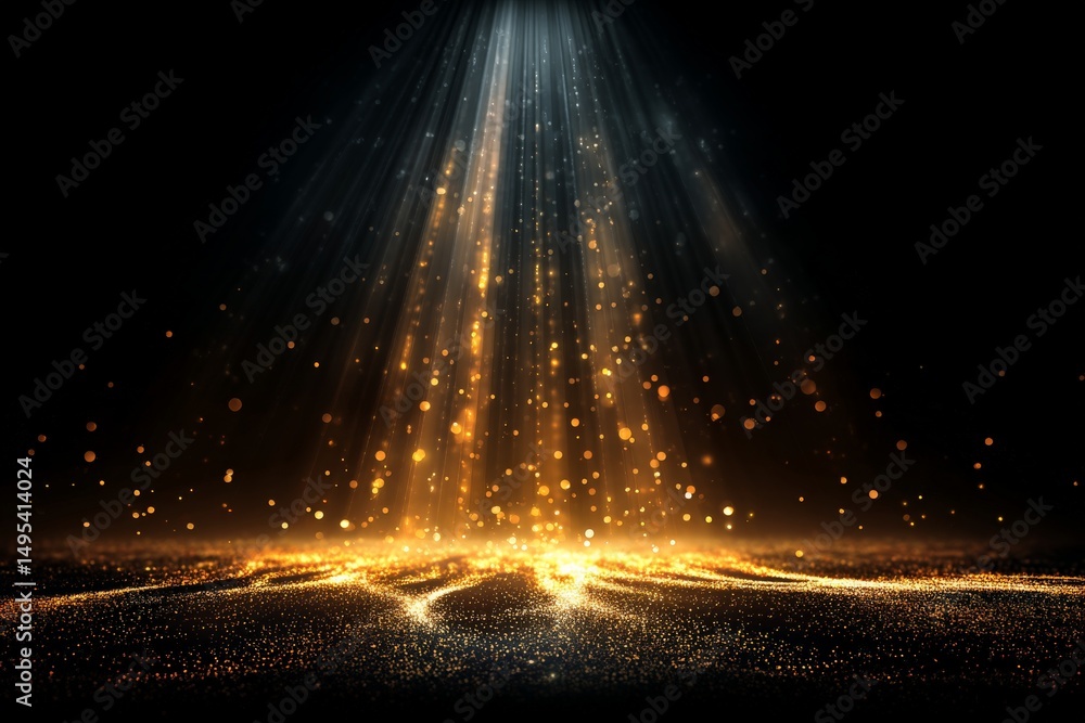 Poster Golden particles illuminate a dark atmosphere with radiant light and sparkling textures at an abstract event