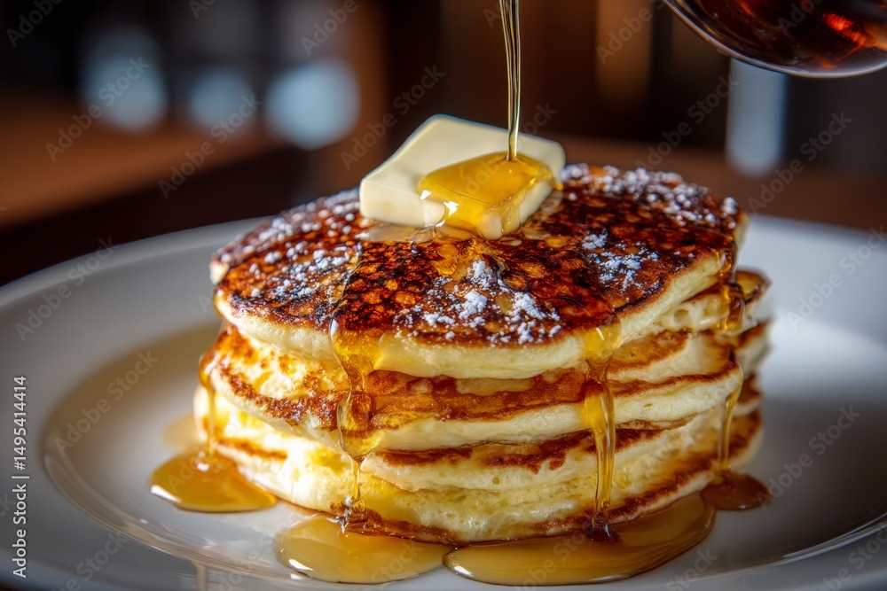 Poster fluffy pancakes served with melted butter and syrup in a cozy breakfast setting during morning hours