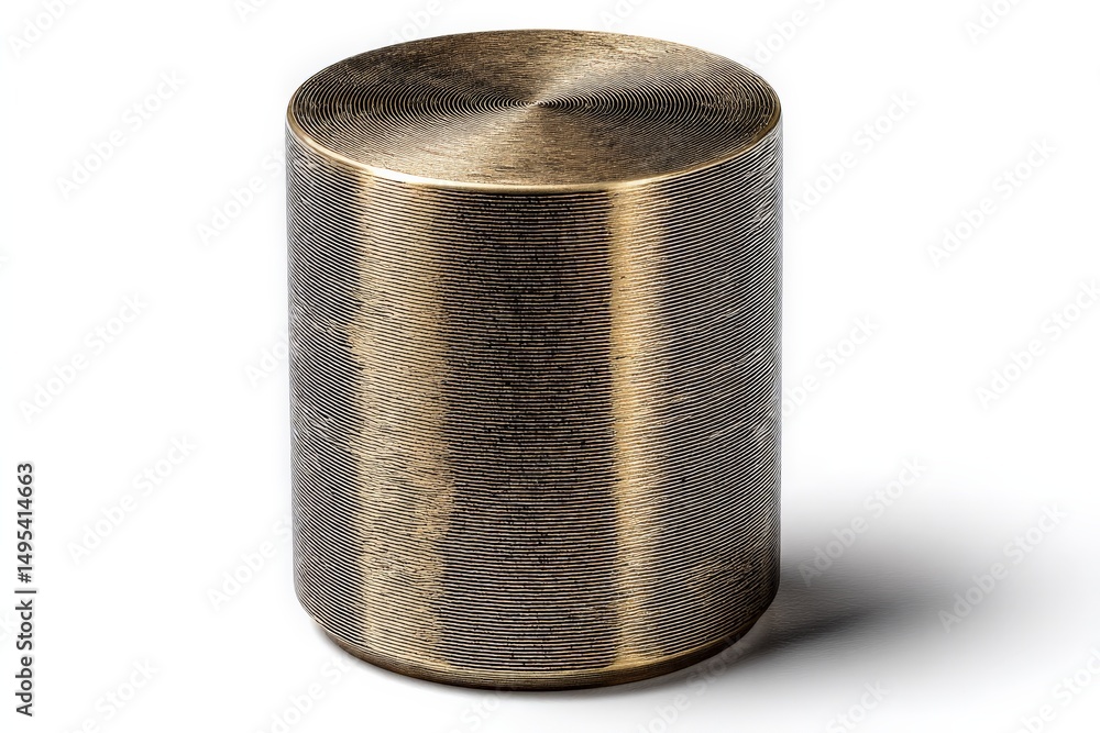 Fototapete Metal cylinder with intricate patterns resting on a white surface in a well-lit environment showcasing its reflective qualities