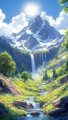Mountain valley with waterfall, sunny day, idyllic landscape. Possible use Stock photo for nature, travel, or desktop backgrounds