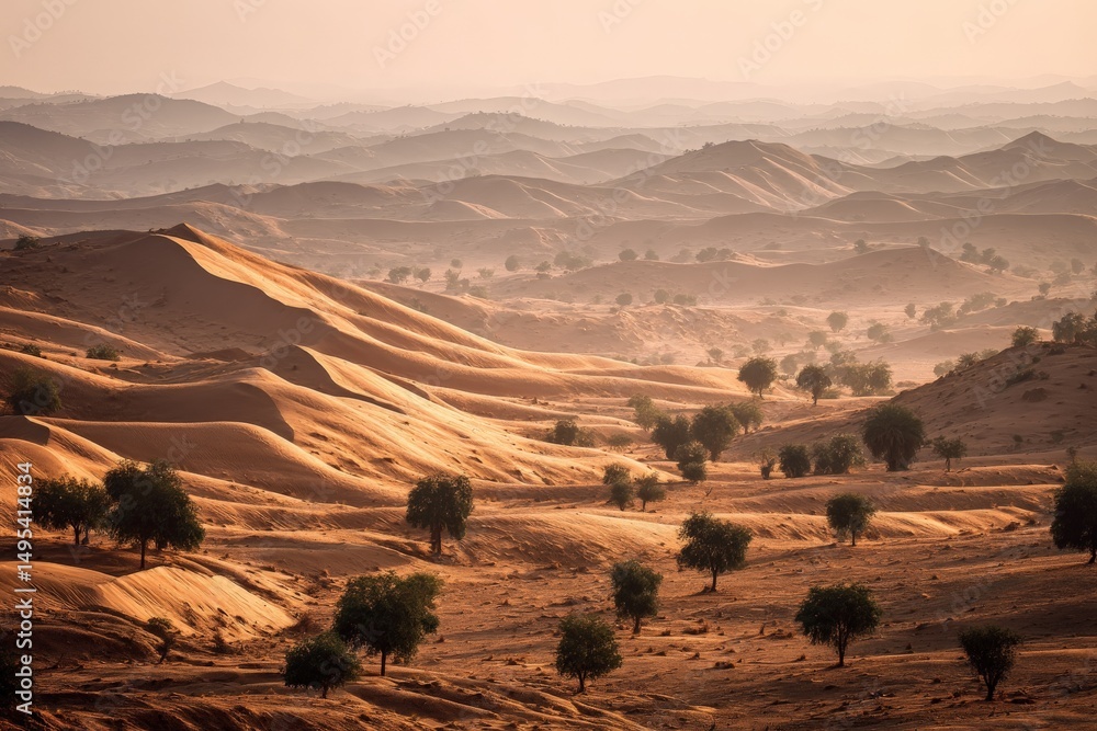 Poster expansive desert landscape at sunset with gentle rolling dunes and scattered trees