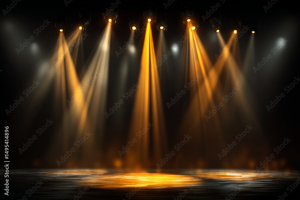 Poster bright stage lights create a dramatic atmosphere for an upcoming performance in a theater setting