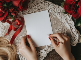 Woman's hands writing a letter on blank card surrounded by red roses and lace.