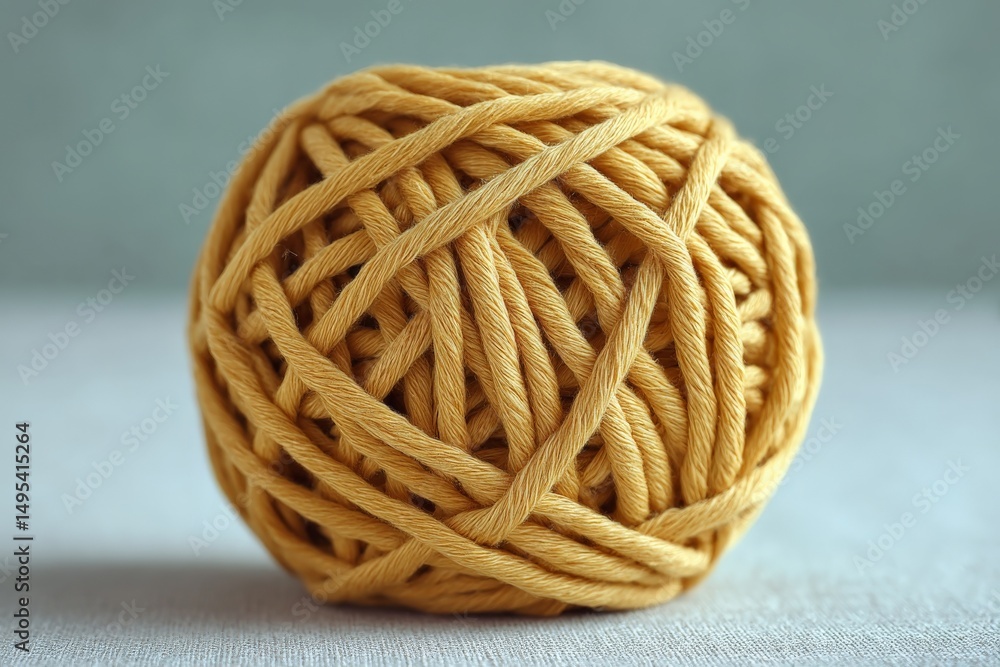 Poster yellow yarn ball resting on a soft surface with a neutral background in a well-lit room