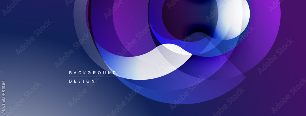 Poster abstract design features overlapping circles, gradients. purple, blue hues dominate composition. mod