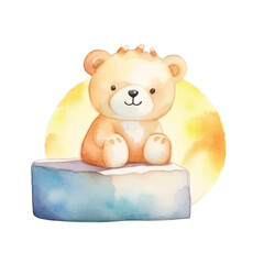 Adorable Watercolor Teddy Bear Sitting on a Painted Blue Block with a Yellow Circle