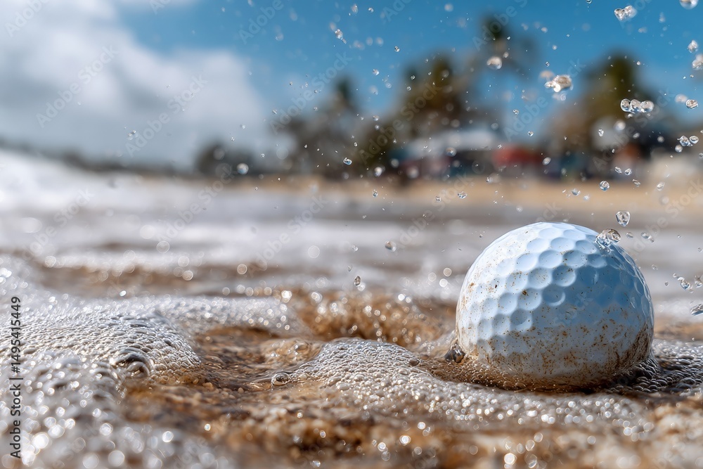 Aufkleber golf ball nestled in sandy shore while ocean waves create splashes on a sunny day