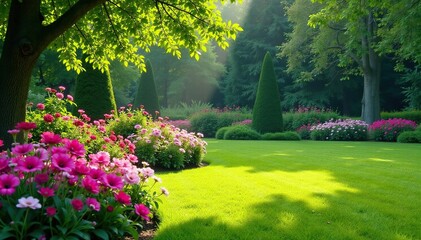 Serene garden with lush greenery and blooming flowers , tranquil, landscaping