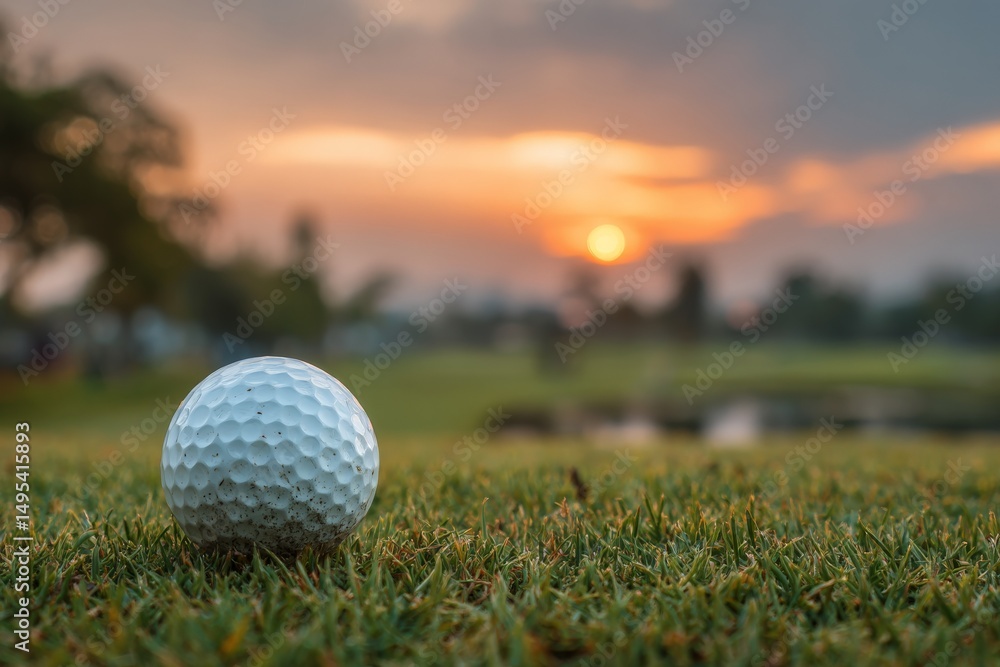 Poster golf ball on grass at twilight with sunset background and soft clouds across the sky