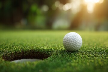 Obraz premium Golf ball nearing hole during sunset at lush green course, showcasing accuracy and skill in an evening game