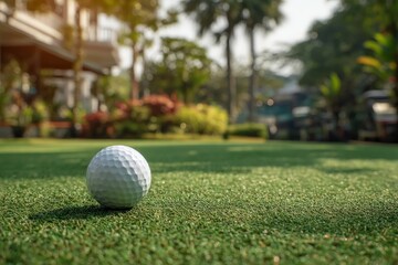 Fototapeta premium Golf ball resting on green grass at a sunny landscaped area near a golf course in the afternoon