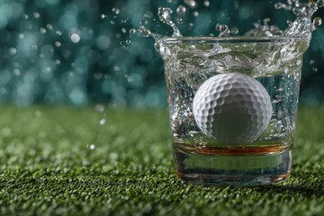 Golf ball splashes into a glass of whiskey on the grass in a unique display of sport and relaxation