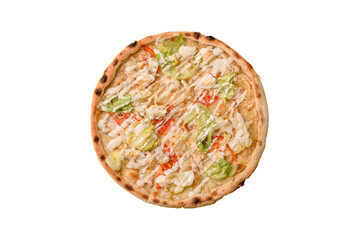Italian caesar pizza with cheese and chicken, lettuce leaves and sauce