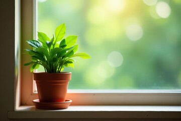 Vibrant green plant in a terracotta pot on a windowsill, pot, terracotta, apartment living