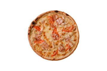 Italian pizza with chicken and bacon, cheese, tomatoes and sauce
