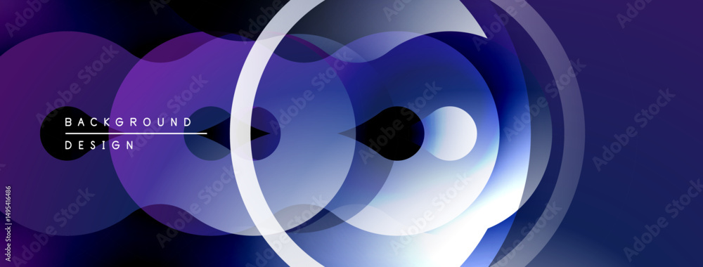 Poster Abstract fluid shapes, concentric circles, purple hues dominate design. Modern, dynamic composition creates visual interest.