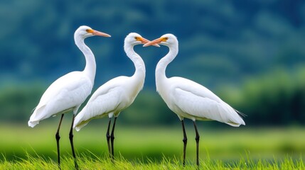 Fototapeta premium Elegant white herons in serene natural setting with lush green background