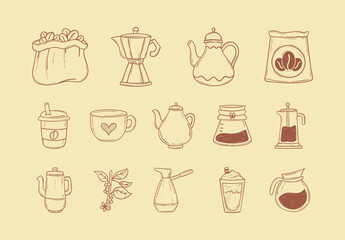 Brown And Beige Coffee Beans Drinks Cups Doodle Handdrawn Icons Set