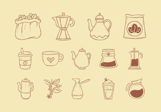 Brown And Beige Coffee Beans Drinks Cups Doodle Handdrawn Icons Set