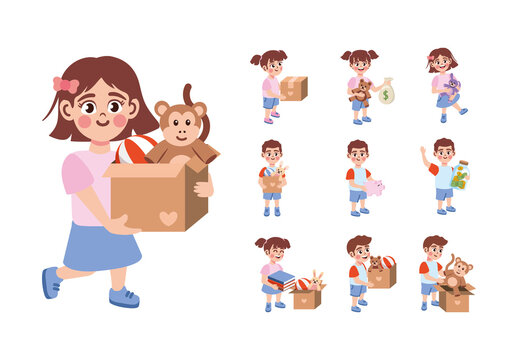 Blue And Pink Donation Charity Kids Toys Giving Illustrations Set