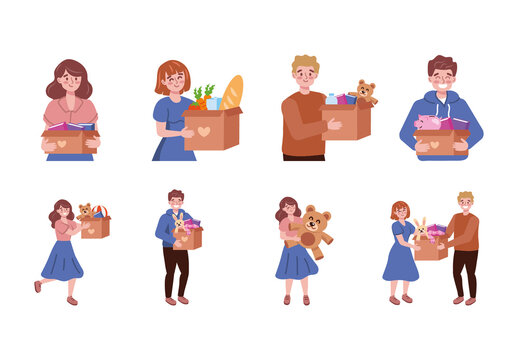 Brown And Blue Donation Volunteer Charity People Characters Illustrations Set